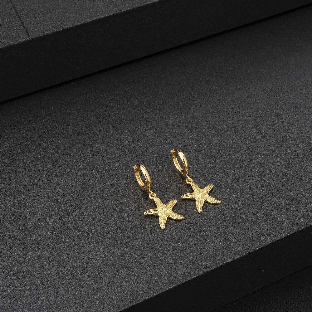 Huggie Earrings for Women - 14K Gold Plated Beach Sea Drop Dangle Earrings - Sta - Picture 3 of 7